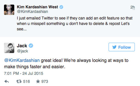 BuzzFeed's tweet photo. Kim Kardashian asked to edit tweets and Twitter’s CEO called it a “Great Idea!” http://t.co/R8Qxtwbwed http://t.co/2DBfiufgHV