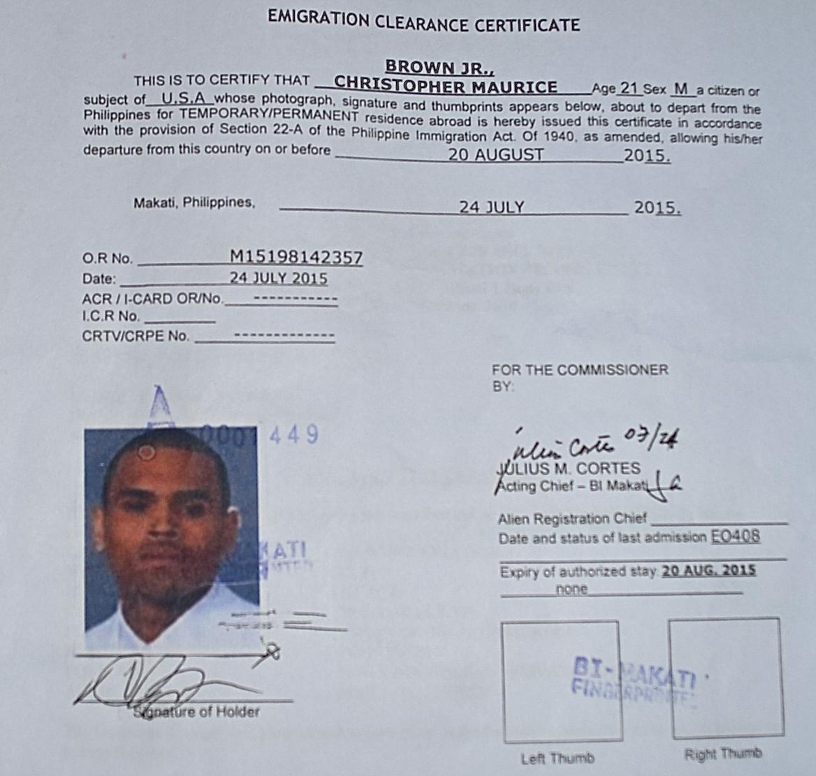 Chris Brown Emigration Clearance Certificate