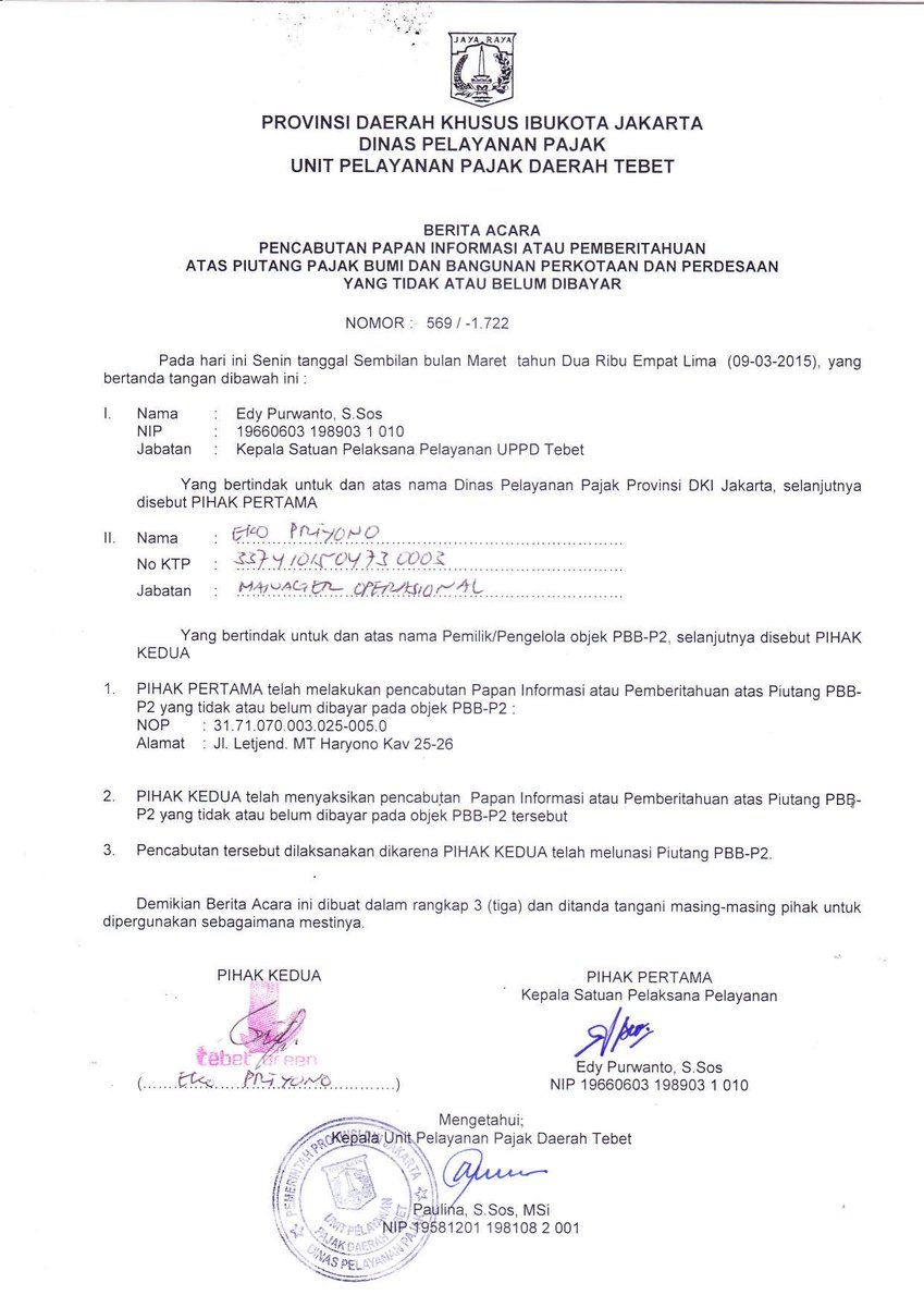 Berita Acara Pencabutan Plang PBB. <a href="/detikcom/">detikcom</a> <a href="/kompascom/">Kompas.com</a> <a href="/republikaonline/">Republika.co.id</a> <a href="/basuki_btp/">Basuki T Purnama</a> #PelunasanPBB #TebetGreen