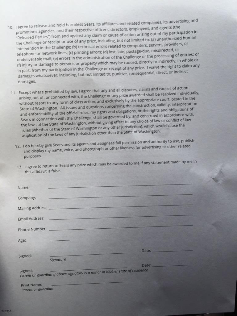 Warning to unsuspecting #SearsDevChallenge participants! Affidavit is a bait-switch on how the evnt was advertised.