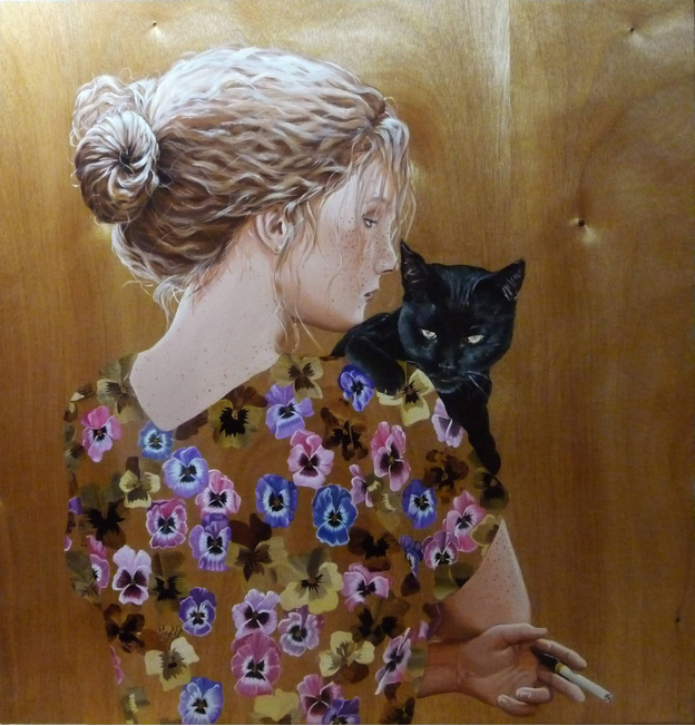 EyauukArt's tweet photo. Girl With Black Cat by Germany based Tilo Uischner #portrait #art #artwith acrylic on wood http://t.co/c3x20hIr78