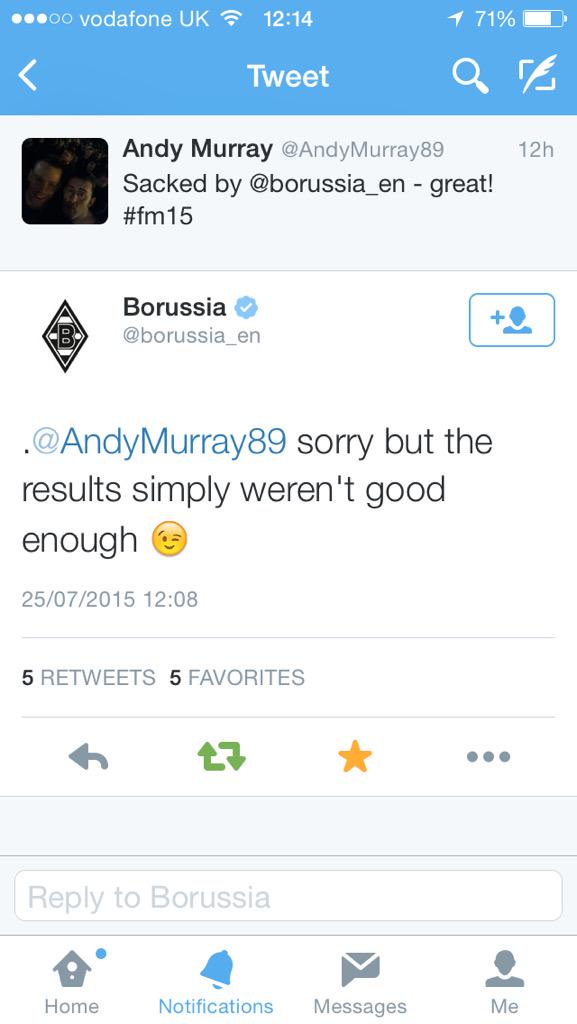 Murzinho21's tweet photo. @FootballManager So the club I get sacked from in the game are mocking me on Twitter, that must be a first! http://t.co/y3mg46o4H9