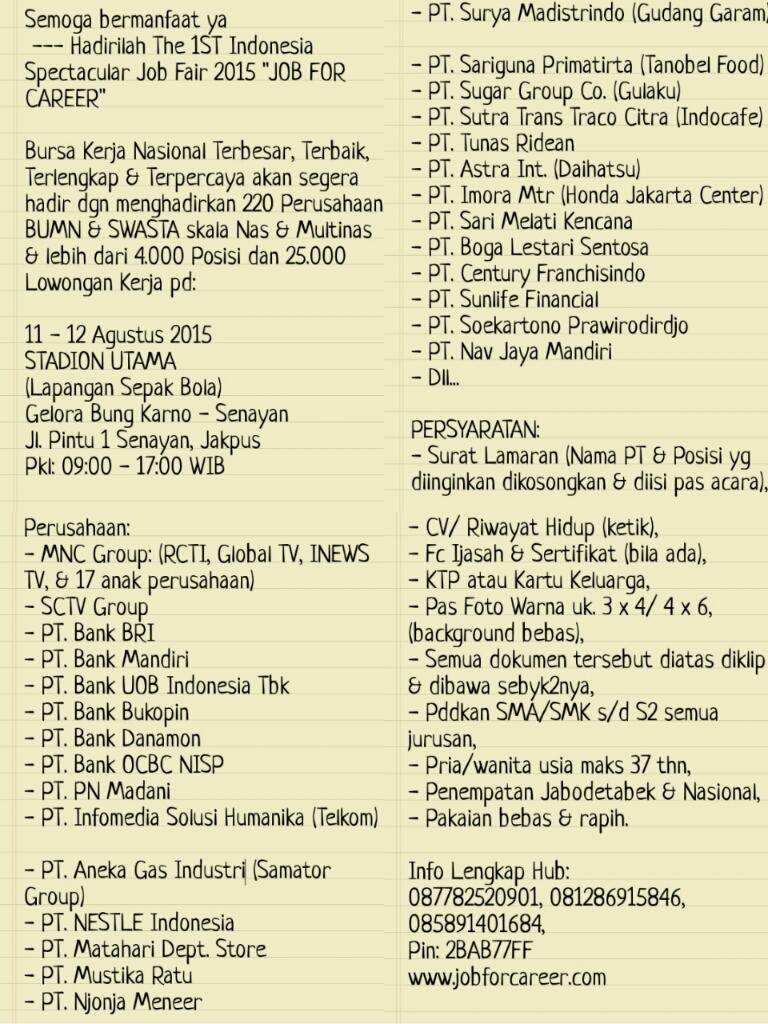 JOB FAIR CAREER. Info Lengkap: 
087782520901, 081286915846, 085891401684, 
Pin: 2BAB77FF
jobforcareer.com