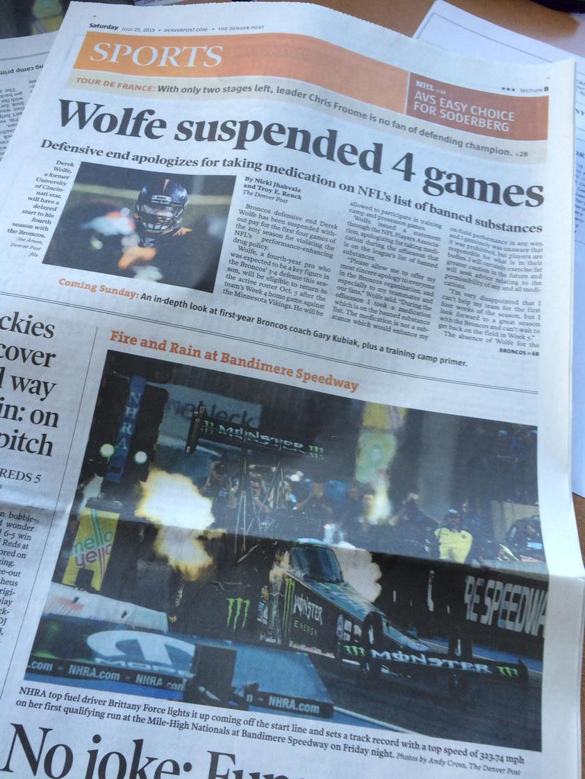 JFR_Racing's tweet photo. Front page @denverpost @MonsterEnergy @BrittanyForce track speed record and No. 2 qual on Friday #denvernhra http://t.co/RWWcKgjGJa