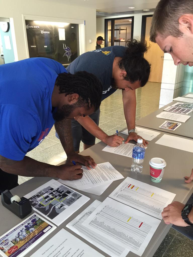 Vikings's tweet photo. Let it begin! @sharriffloyd and @Justin_Trattou are the first players to check this morning. http://t.co/hL4jKV1n8o