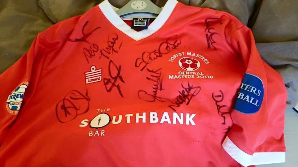 Masters shirt signed by <a href="/chettle5/">Steve Chettle</a> <a href="/NeilWeb59375907/">Neil Webb</a> <a href="/nigeljemson/">Jemmo</a> &amp; so many more. Current bid for <a href="/CR_UK/">Cancer Research UK</a> £35 any more?