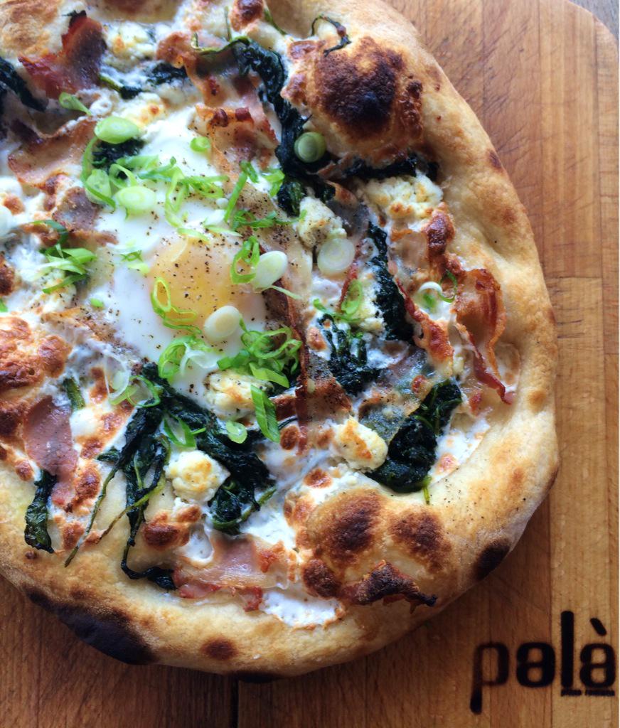 Palanyc's tweet photo. Perfect brunch pizza!
Spinach, Egg, Pancetta &amp; Goat cheese with scallions and rosemary http://t.co/W9RzQ7WGhw