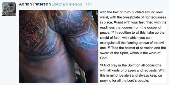 ESPNNFL's tweet photo. Adrian Peterson took to Twitter to show off new artwork before the start of training camp.

http://t.co/1EnKTGHshH http://t.co/VR6jPEGbVn