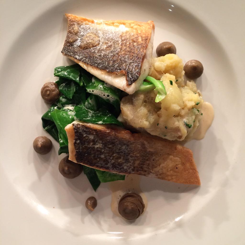 Wild Seabass, Jersey royals, spring cabbage, charred aubergine purée, anise velouté #marketfish #saturdaykitchen