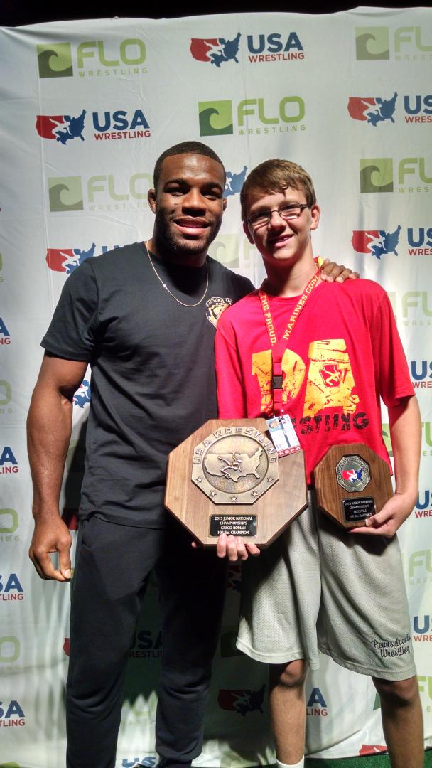 SCA_Wrestling's tweet image. USAW Junior GR National Champ and Junior Freestyle Runnerup Jaret Lane w Olympic Champ Jordan Burroughs. #Fargo2015