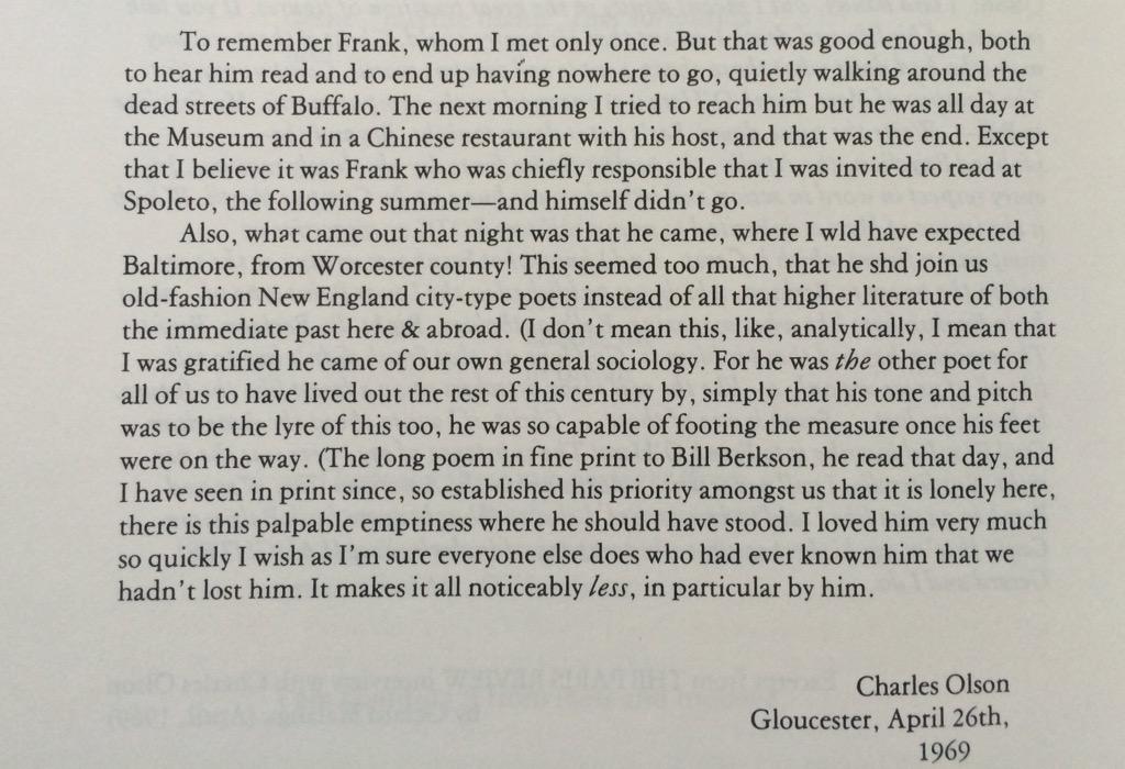 CarlRobertAnd's tweet photo. Charles Olson on Frank O'Hara http://t.co/iYPDC8Lyr3