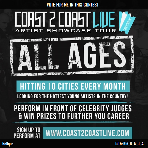 Brandin31's tweet photo. Just voted for @TheKid_R_A_J_A to perform at #NYC All Ages Edition 10/1/15! http://t.co/L6JreZFoOe #Coast2Coast http://t.co/NXbeoc3lvb