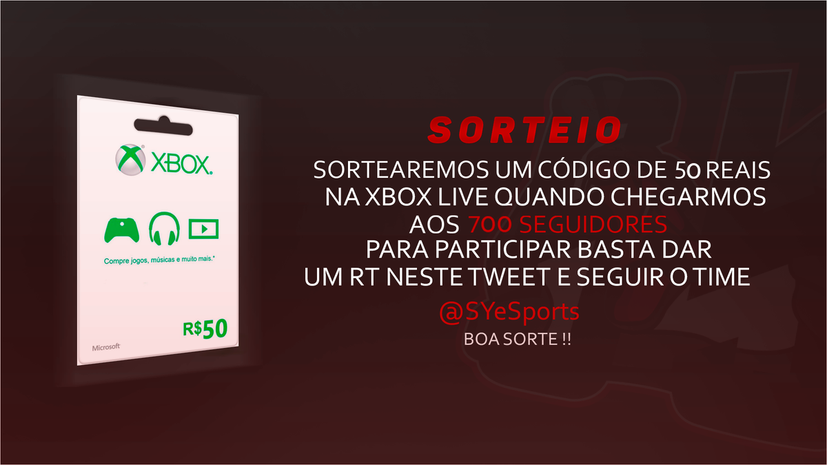 SYeSports's tweet photo. Sorteio de um cartão de R$50 na Xbox Live, para participar basta dar #RT neste tweet e seguir nossa equipe ! http://t.co/1Z3rYlqxAB