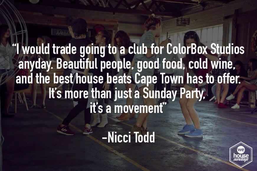 WeHouseSundays tomor @WeColorBox/DJs Octave(115Jhb)
FloydLavine&amp; Dix <a href="/nomadiQmusic/">Nomadiq Music</a>
 <a href="/cassiem_latief/">Soul Crescent</a>&amp; <a href="/Leighton_Moody/">SoulSideUp</a>