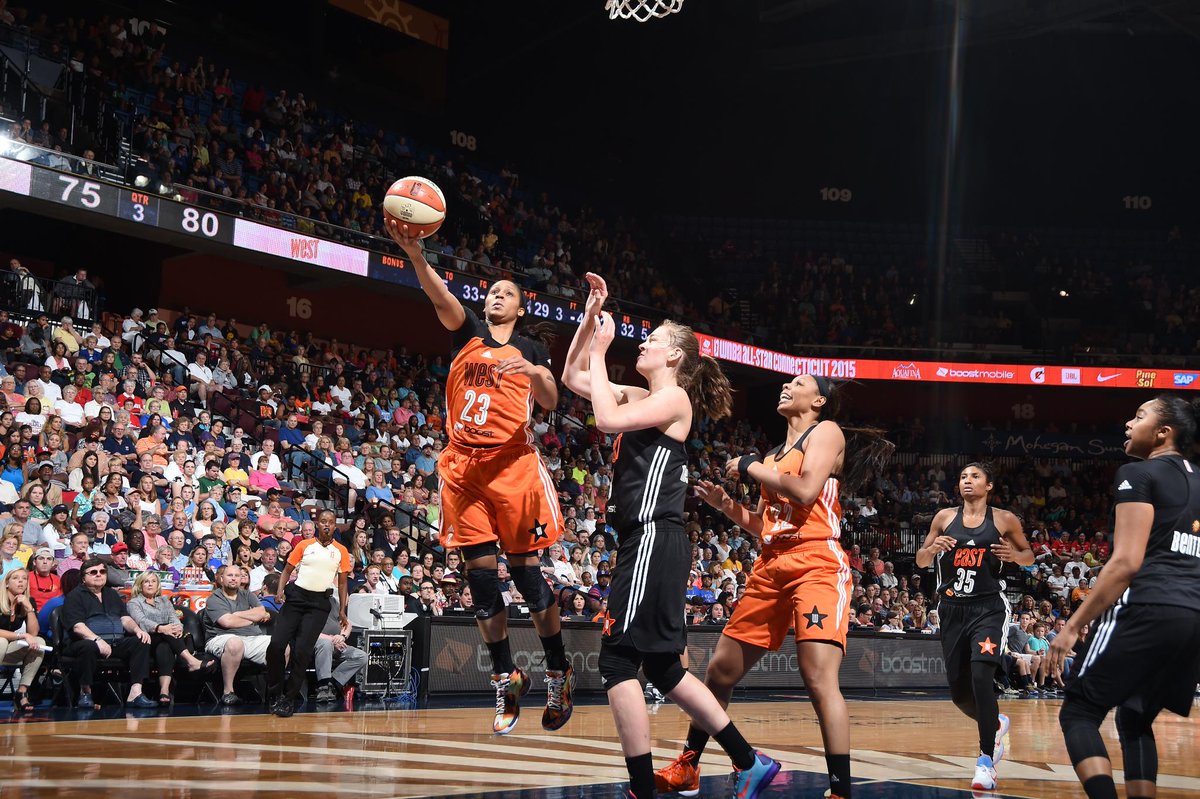 SportsCenter's tweet photo. Maya Moore sets new WNBA All-Star Game record with 30 Pts and leads West over East, 117-112. Moore is named MVP. http://t.co/GEuDkPitNG