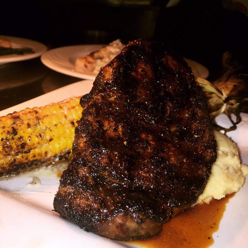 Blackened Rib-eye, fresh sweet corn, mash pots top w bleu cheese compound butter &amp; Demi glacé