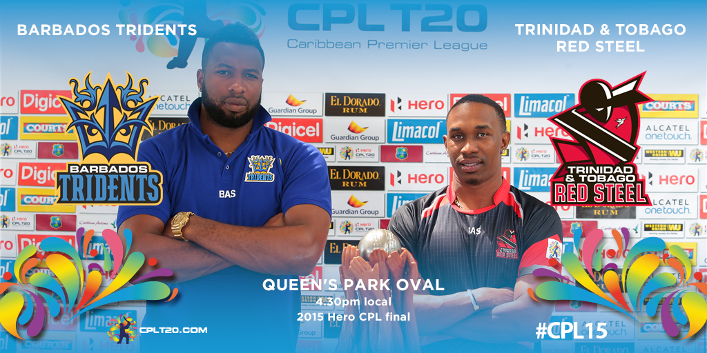 BouncerCPL's tweet photo. RT @CPL: The 2015 Hero CPL Final, Sunday, @BIMTridents v @TTRedSteel. Don't miss it! #CPL15 http://t.co/0SojsFhyxA