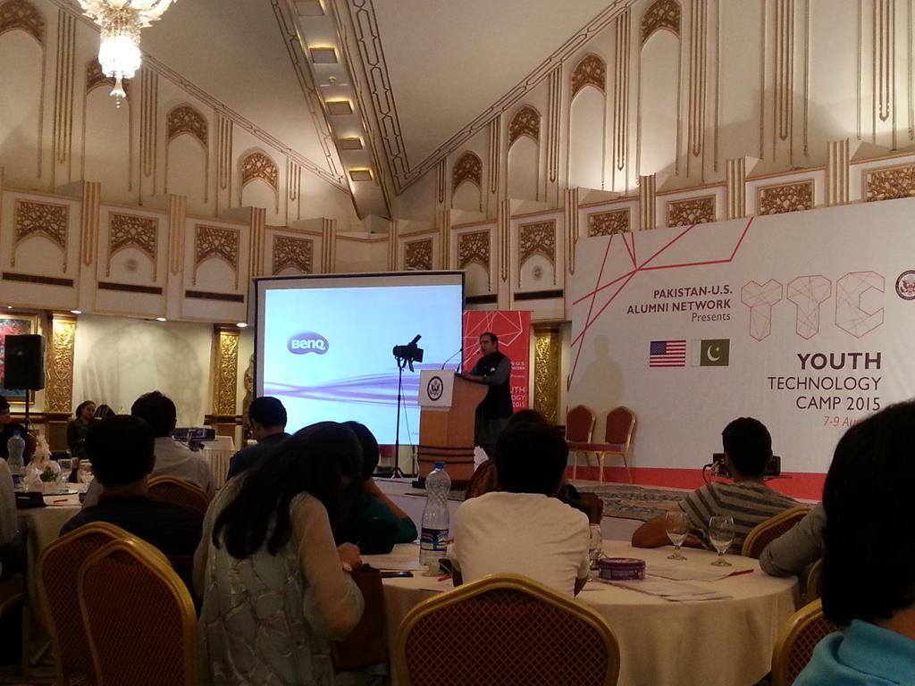 SusanEllisonMcG's tweet photo. Dr. Umar Saif encourages @PUANYTC alumni to develop nrw tech applications @usembislamabad  #YTC15 http://t.co/HSYG6UhJ8I