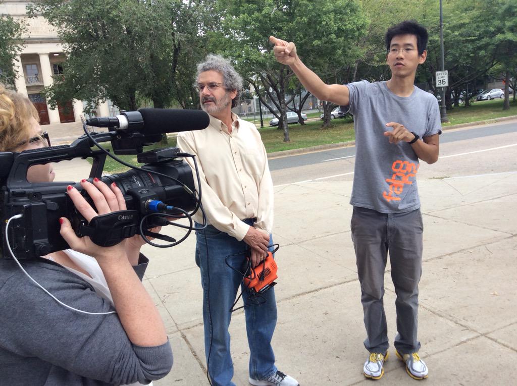 FabLabStQ's tweet photo. #fab11 Neil Gershenfeld receives debriefing from Kenny about #fabsub http://t.co/oA8dakIF0y