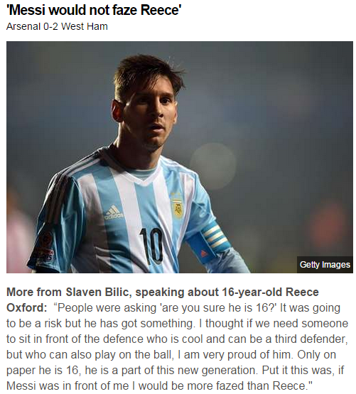 BBCSport's tweet photo. Quite the claim from Slaven Bilic about West Ham's 16 year-old @Reeceoxford_! http://t.co/LptktZAO4z #WHUFC http://t.co/ORISwd5ypu