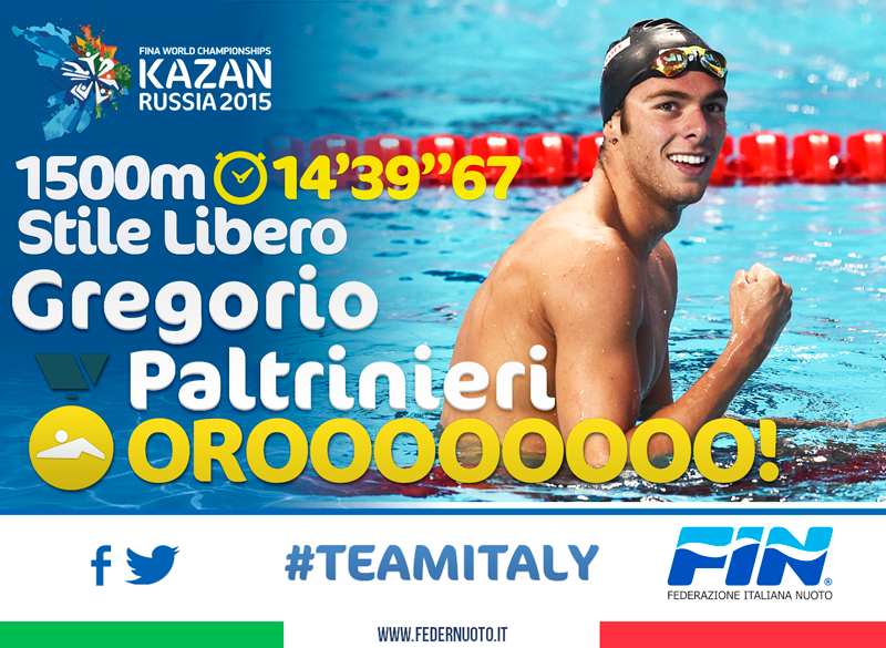 FINOfficial_'s tweet photo. #Mondiali #Kazan2015 GREGORIO PALTRINIERI CI PORTA SUL TETTO DEL MONDO! ORO NEI 1500 SL #orgoglioazzurro #superGREG http://t.co/2yPWjeNj1Q