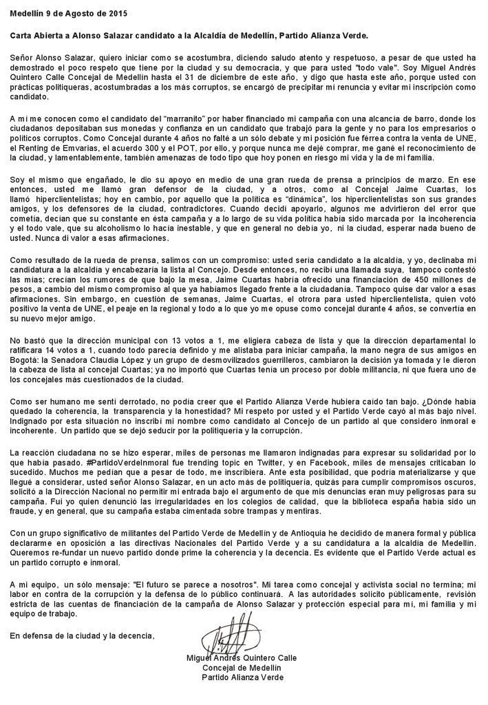 MigueAQuintero's tweet photo. Carta abierta a Alonso Salazar. #PartidoVerdeInmoral http://t.co/quh6XTJ212