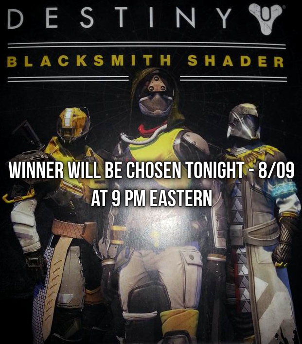 Planet Destiny (@destinynews_net) on Twitter photo Giving away 1 Blacksmith shader - courtesy of <a href="/Dabritt96/">King David</a> - RT for a chance to win!
The winner will be chosen tonight Giving away 1 Blacksmith shader - courtesy of <a href="/Dabritt96/">King David</a> - RT for a chance to win!
The winner will be chosen tonight
