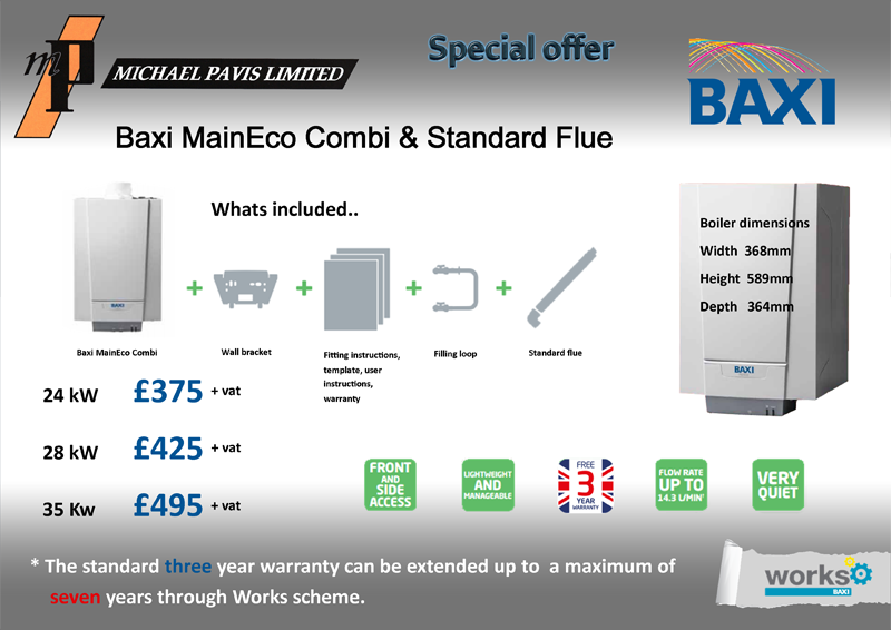 Baxi Main Eco combi boilers with Standard horizontal flue from £375 plus vat