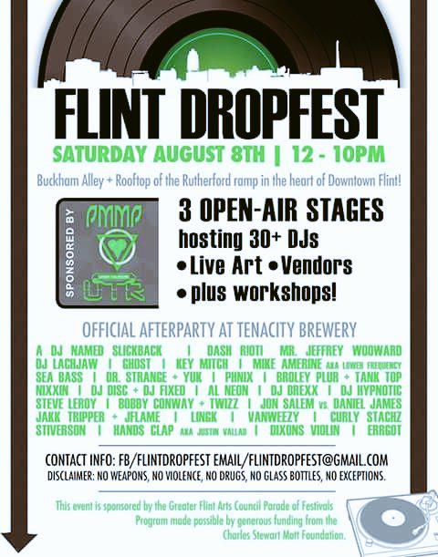 FlintDropFest's tweet image. 30 live DJs, 3 stages, Free for All ages, Tomorrow Aug 8th, get down in the heart of #flint #flintdropfest #edm #art