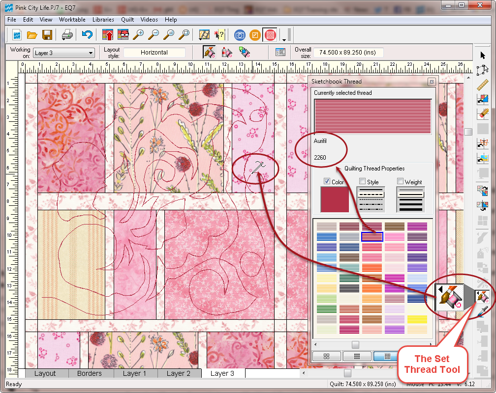 StartingToQuilt's tweet image. How I selected and applied #Aurifil 2260 thread to #EQ7 model, to audition a quilting design goo.gl/keXEJ1