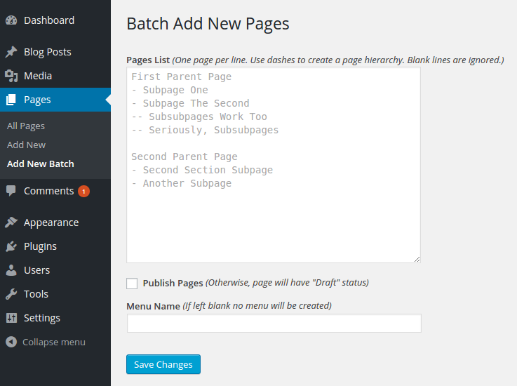 fraydmedia's tweet photo. Bulk create page hierarchy &amp; menu w/our #WordPress plugin PageBatcher! https://t.co/Mfi41suTMb Feedback welcome! http://t.co/25MPN5shJB