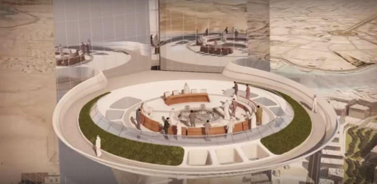 CarbounInst's tweet photo. The design of the #KingdomTower in #Jeddah includes a suspended seating area, some 700m above sea level. #NotAHelipad http://t.co/qTVp5dNXb6