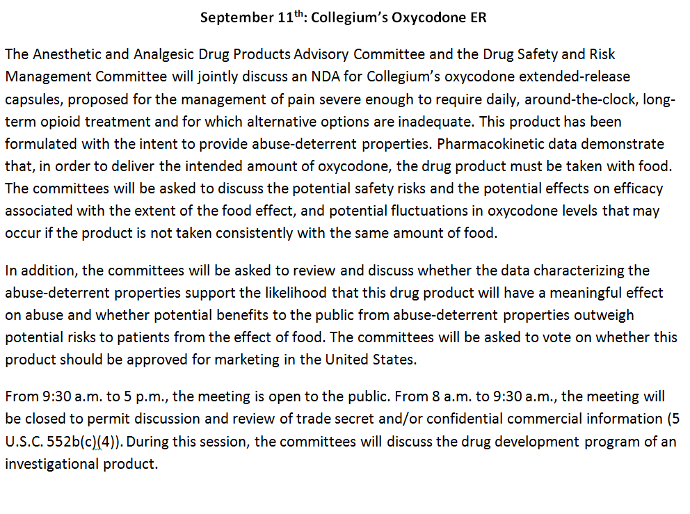FDAadcomm's tweet photo. US FDA schedules back to back #AdComms for 2 #opioid products to discuss food effects and abuse-deterrent properties. http://t.co/rWSh50Ry4h