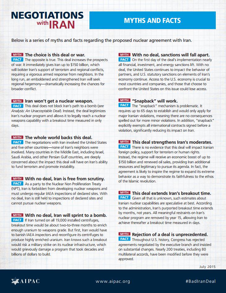 AIPAC's tweet photo. #Myths and #Facts about the proposed deal with #Iran: http://t.co/MiPj15Efla  http://t.co/qhebxff5Wx http://t.co/l1RGydswkF