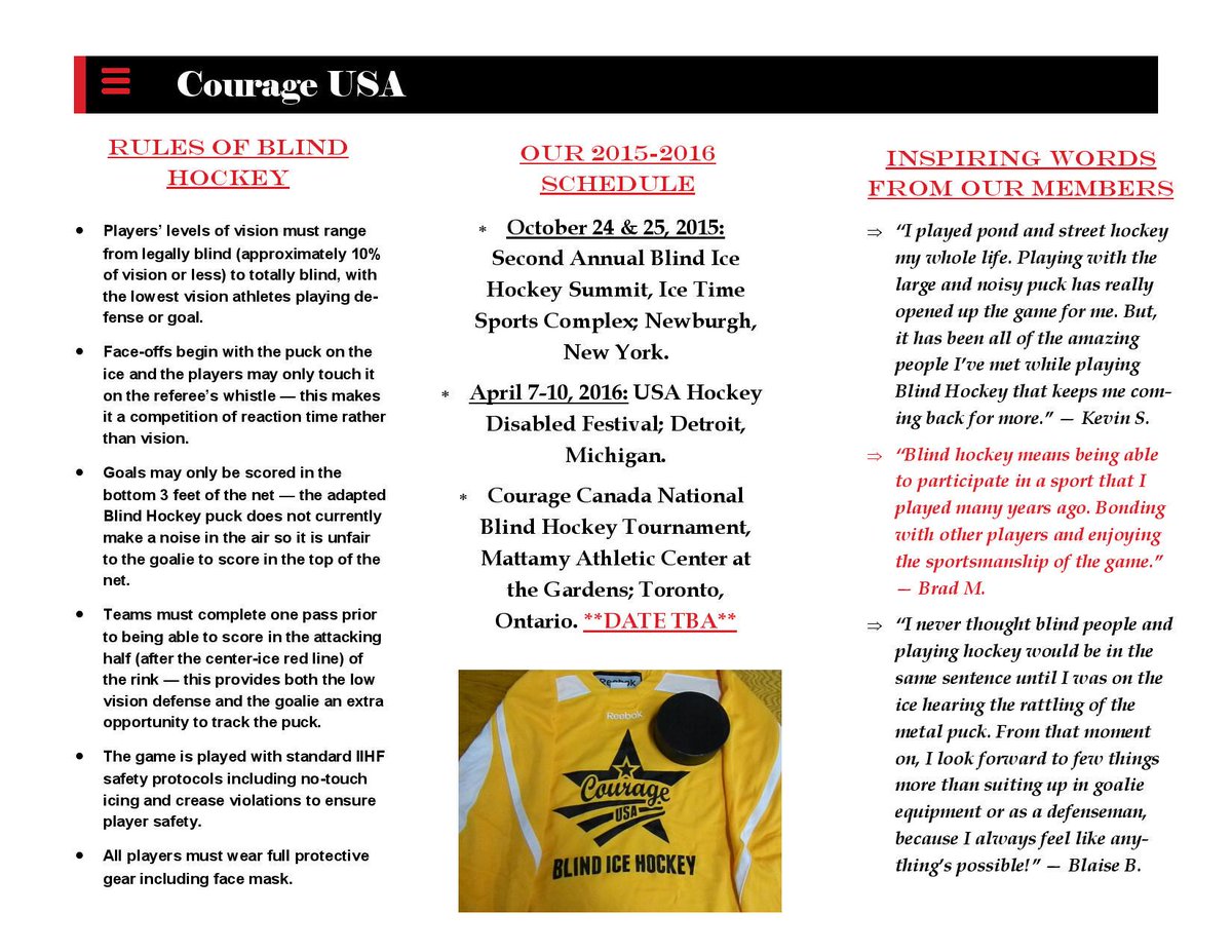 CourageUSA's tweet photo. If you aren't familiar with #blind ice hockey or #CourageUSA, check out our online pamphlet here to learn more! http://t.co/gJH9bJe6JQ
