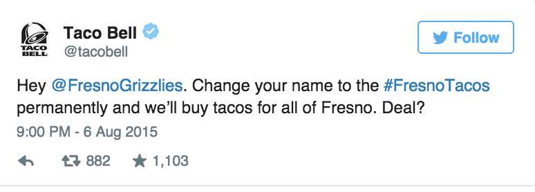 BRWalkoff's tweet photo. MiLB team changes name to “Fresno Tacos” after Taco Bell makes an offer they can’t refuse http://t.co/fBNjbicGTP http://t.co/Hsn4XQRwpE