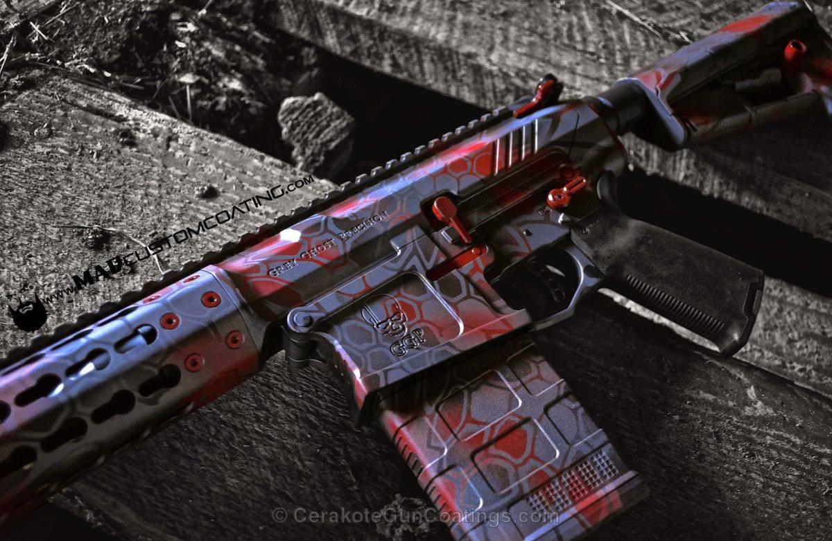 CerakoteFinish's tweet photo. #Cerakote Graphite Black, Tungsten &amp; Crimson from #MADCustomCoating - #customrifle #camorifle #guncoating #customar http://t.co/GZNsarEbPi