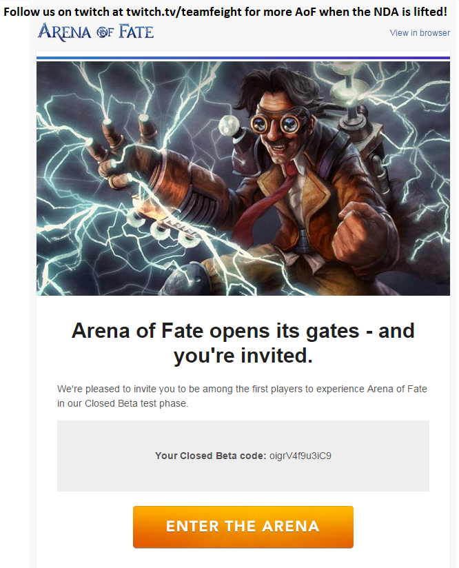 Teamfeight's tweet photo. Got a beta key to give away for one lucky person! Come play some @arenaoffate with Team Feight! Enjoy! :D http://t.co/ztlWDIYy5e