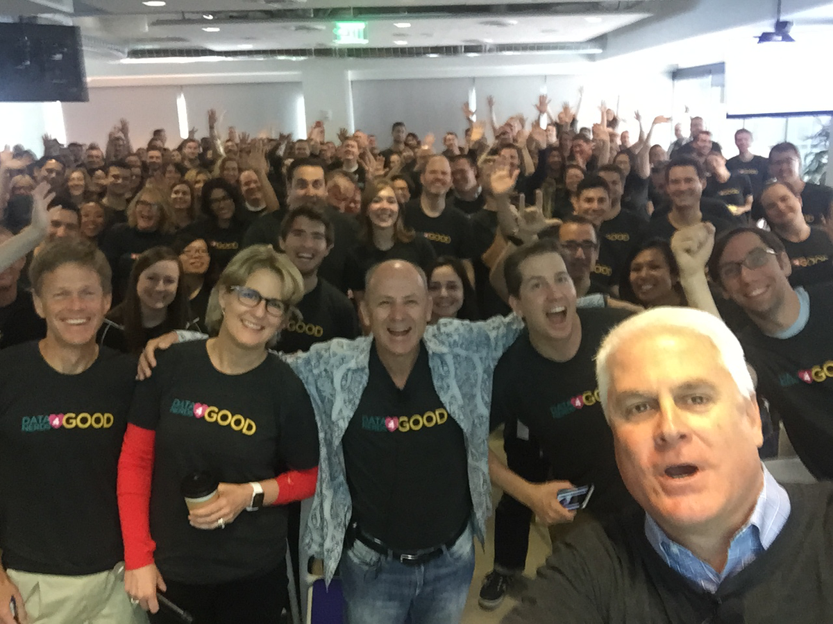 sweetlew's tweet photo. Today at the @newrelic all hands we launched "Data Nerds for Good", encouraging our employees to give back. Selfie! http://t.co/xtVZWS4d7f