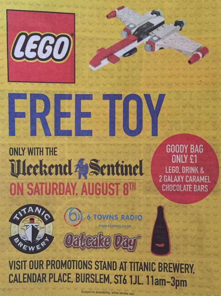 6townsradio's tweet photo. Free Lego toy tomorrow on Oatcake Day at Titanic Brewery, Burslem, Stoke-on-Trent. 11-3pm! http://t.co/pabkR87XQ7