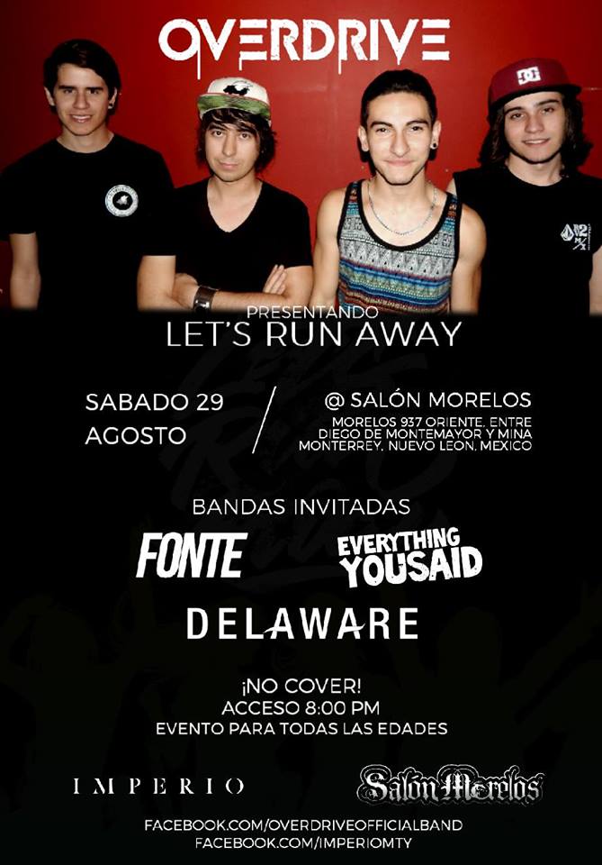 SÁBADO 29 DE AGOSTO - <a href="/Band_Overdrive/">ØVΞRDRIVΞ</a> CD Release Show en #SalónMorelos! Además: <a href="/Fontemx/">FONTE</a>, <a href="/EYSBand/">Everything You Said</a> y <a href="/DelawareMx/">Delaware</a>!