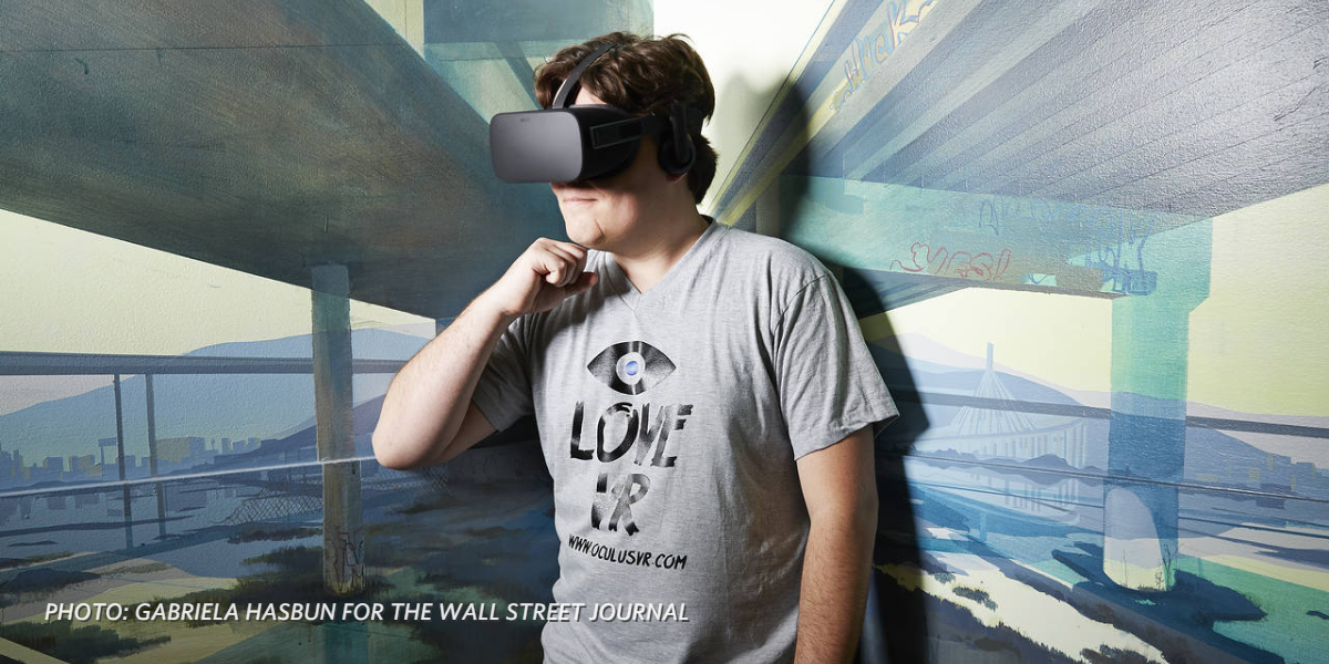 WSJ's tweet image. ‘Why shouldn’t people be able to teleport wherever they want?’ Palmer Luckey on virtual travel on.wsj.com/1OVsNNS
