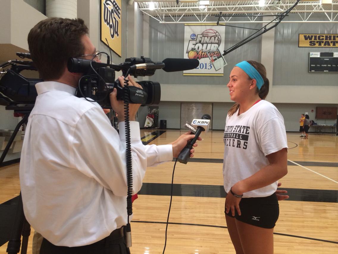GoShockersVB's tweet photo. @MASH_ed_potatoe doing interviews after the first day of practice http://t.co/IfQS4uxmLn
