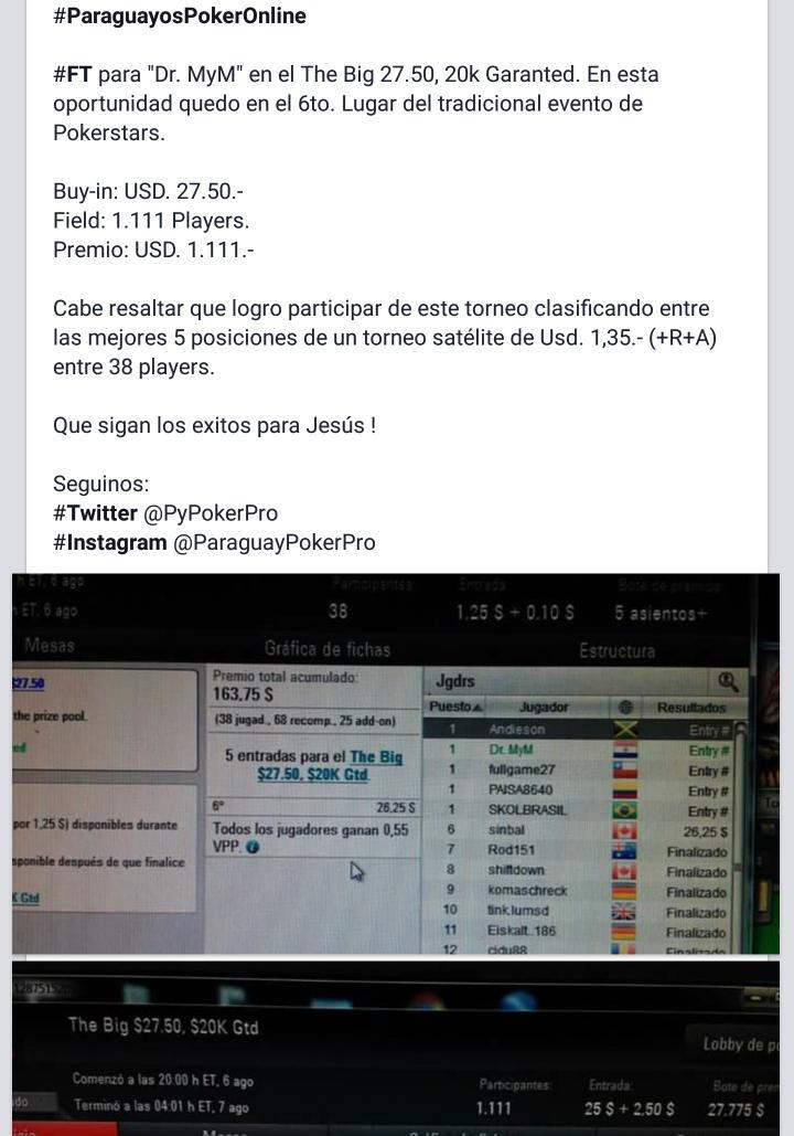 #ParaguayosPokerOnline

#FT para "Dr. MyM" en el The Big 27.50, 20k Garanted. Quedó en el 6to. Lugar