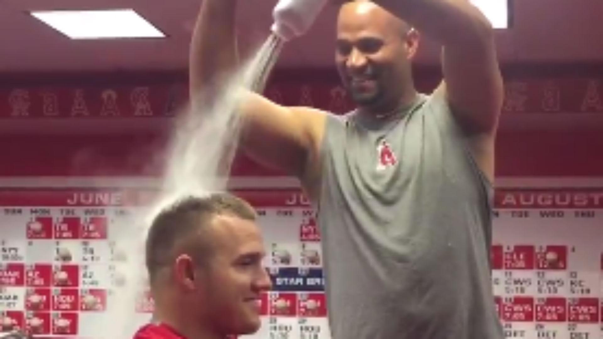 Happy birthday Mike Trout! Your gift is Albert Pujols giving you a baby powder and egg shower.  