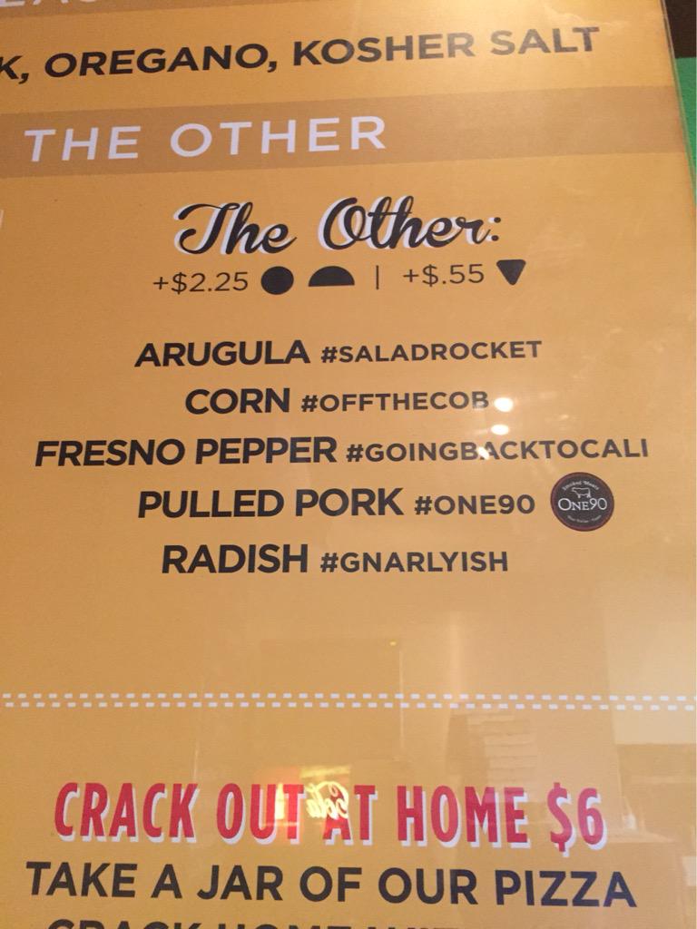 LiveByTheSlice's tweet photo. New seasonal toppings! #this #that #theother #saladrocket #gapco #offthecob #goingbacktocali #one90 #gnarlyish #pizza http://t.co/eKSCe4QxyH