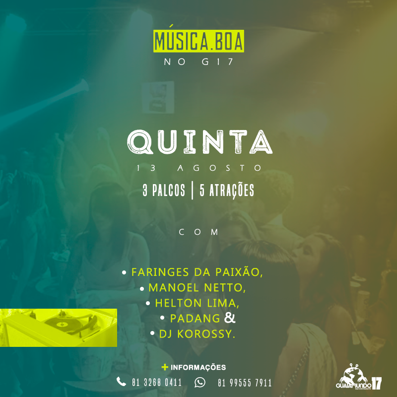 guaiamundo17's tweet photo. Música Boa No G17 é isso: gente bonita, amigos e muita surpresa! 
Dia 13, Quinta, o novo projeto do @guaiamundo17​. http://t.co/695jPOT0fc