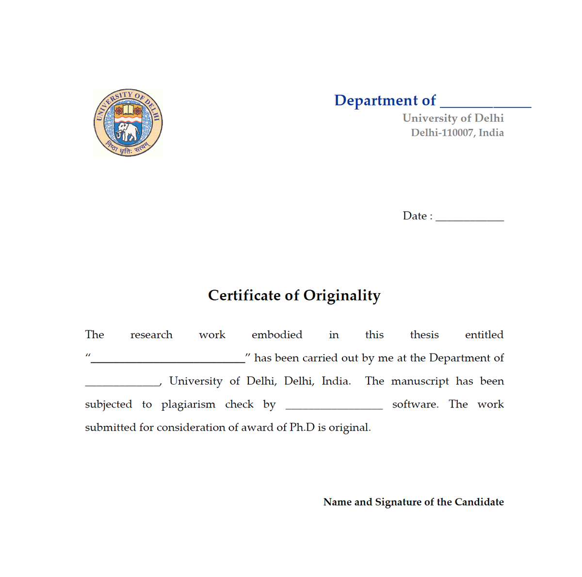 Certification of originality in thesis