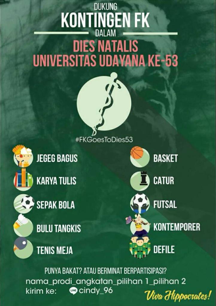 Hallo maba! Ingin menunjukan bakat kalian sesuai kategori lomba dlm acra Dies Natalis Unud ke-53? Daftarkan segera ya