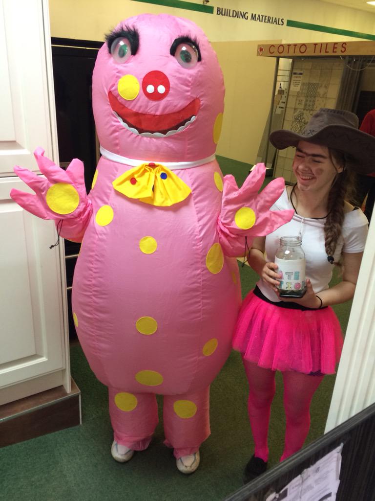 BuildbaseSpald's tweet photo. Not everyday we get a visit from Mr Blobby! These great sports are raising money for a London to Paris cycle ride. http://t.co/G7kuk8zVyr